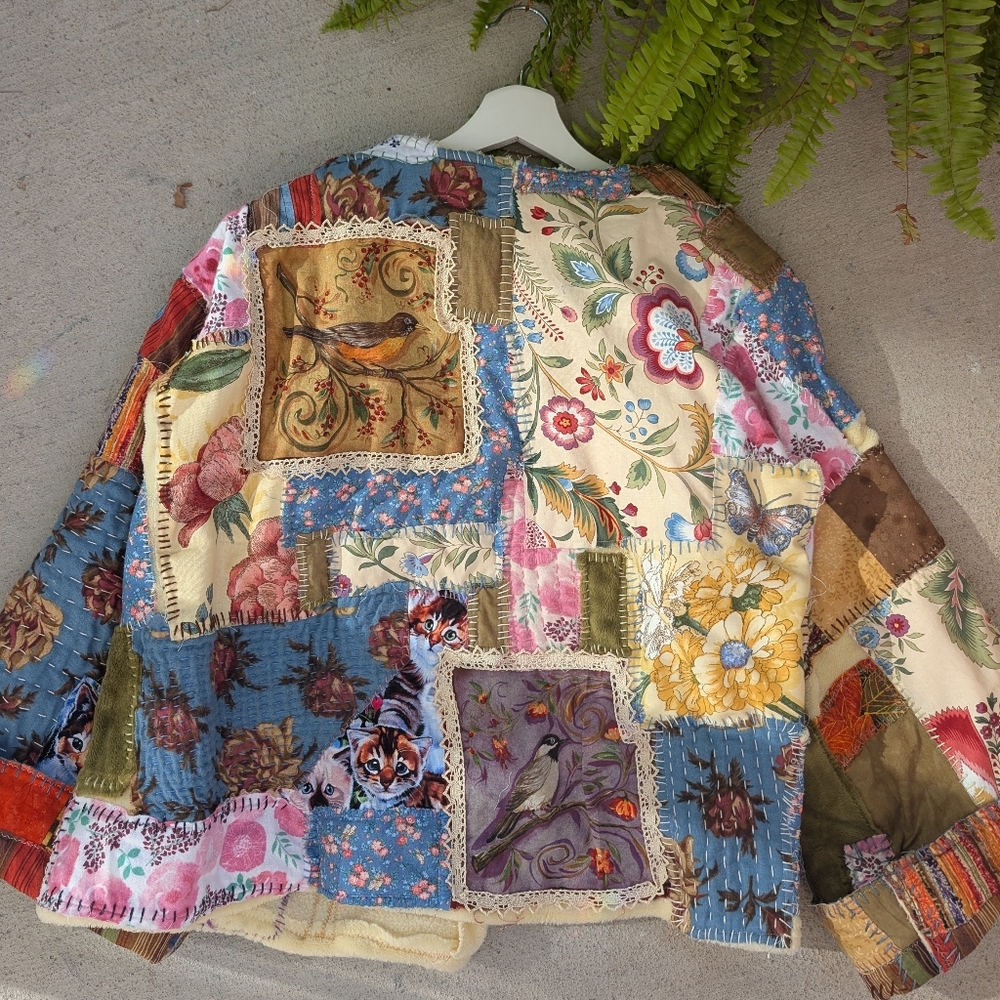 Handmade Boho Hippie Handstitched Patchwork Jacket Upcycled Appliqué Oversized - Picture 13 of 14
